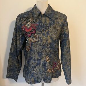 Chico’s Embroidered Jacket Beaded Floral Zip Front Size 1 medium